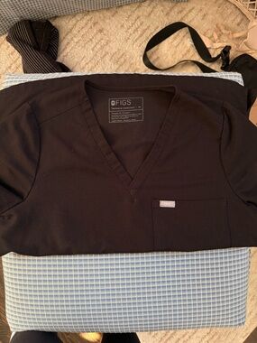 Figs Black V-Neck Scrub Top with Chest Pocket